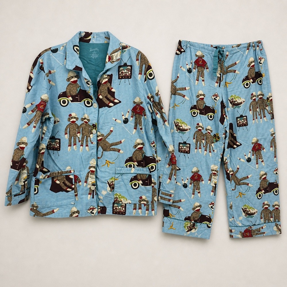 Nick & Nora Pajama Set Womens L Blue Sock Monkey Flannel Cotton Sleepwear Retro